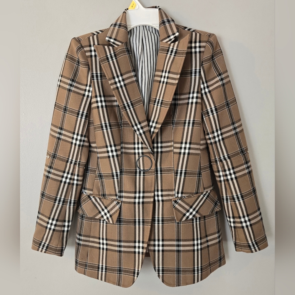 ADROIT Atelier Women’s Cotton Checkered Blazer size 1 (S) US 4-6 Beige Brown